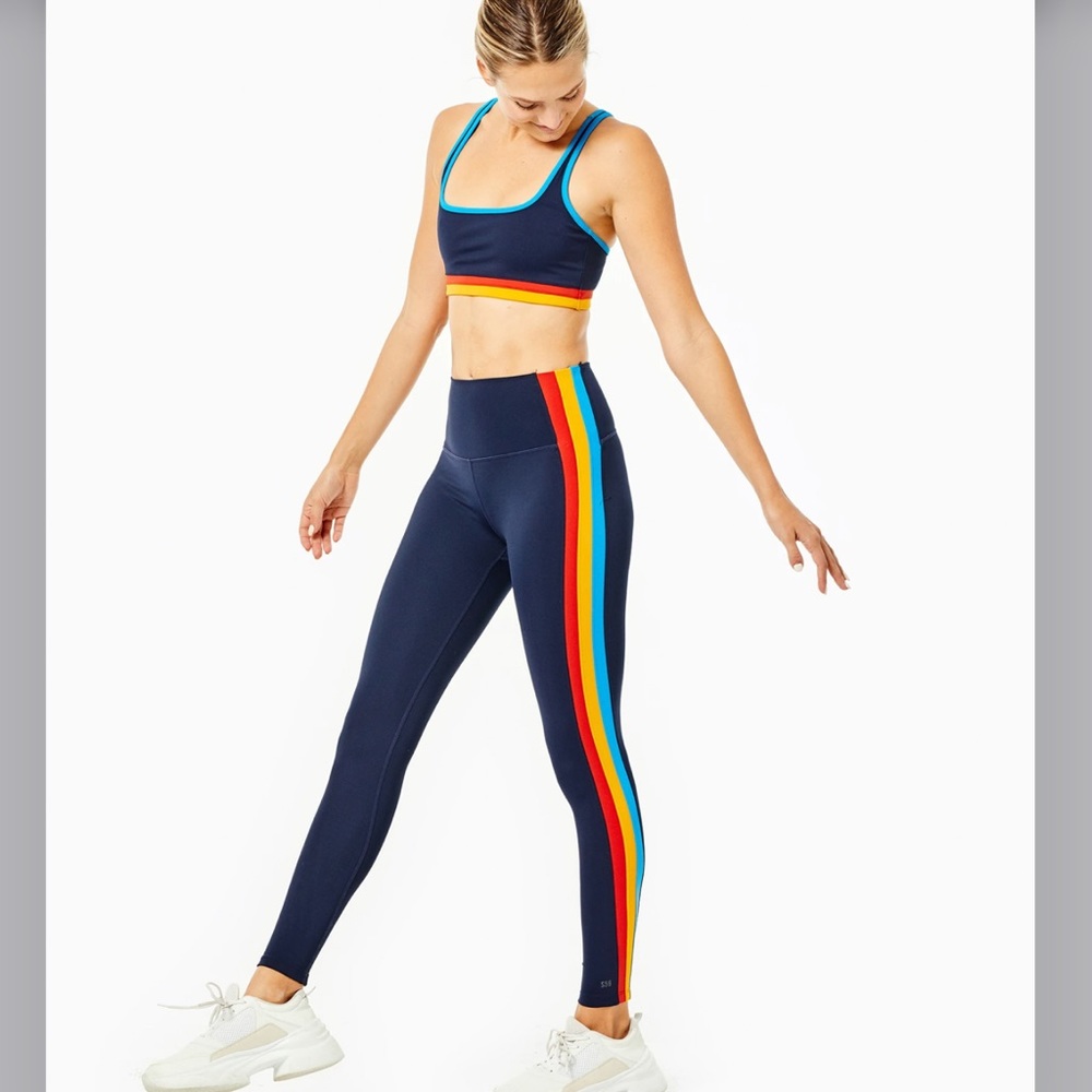 Splits59 Navy Leggings & Bra set with Rainbow Side Stripes size XS
